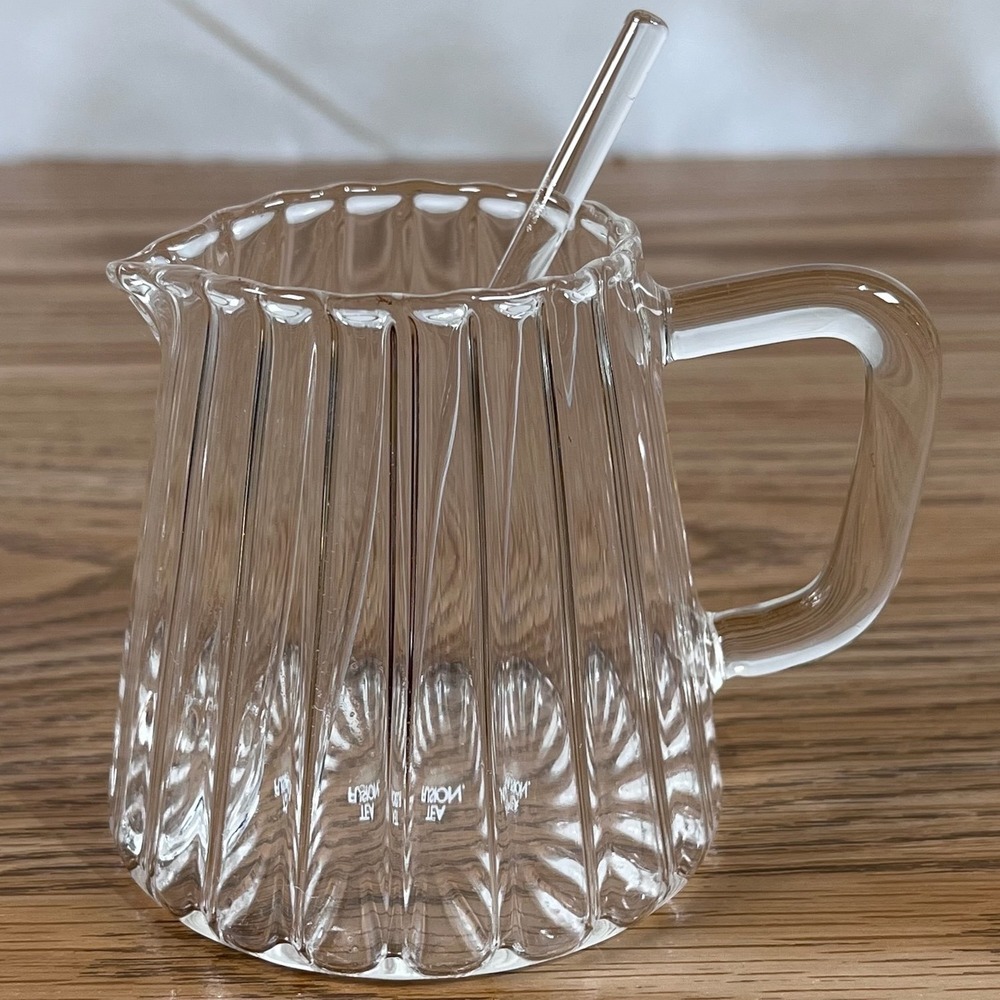 Tea Fusion Glass Creamer Pitcher with Spoon Clear Ribbed Syrup Server